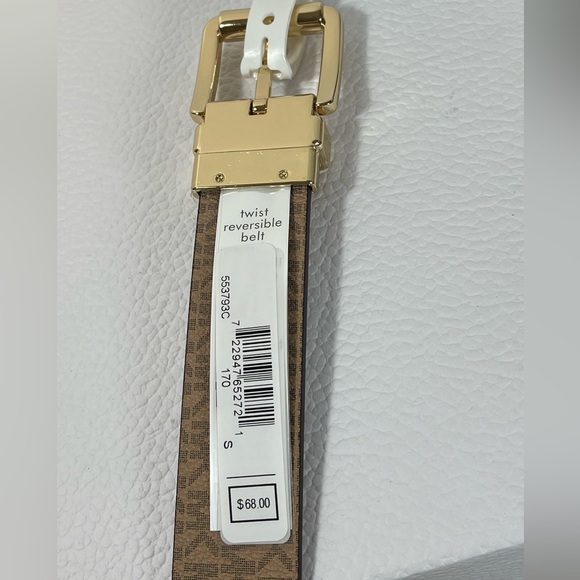 Michael Kors Small Reversible MK Logo Belt in Vanilla and Tan with Gold Buckle main image 5
